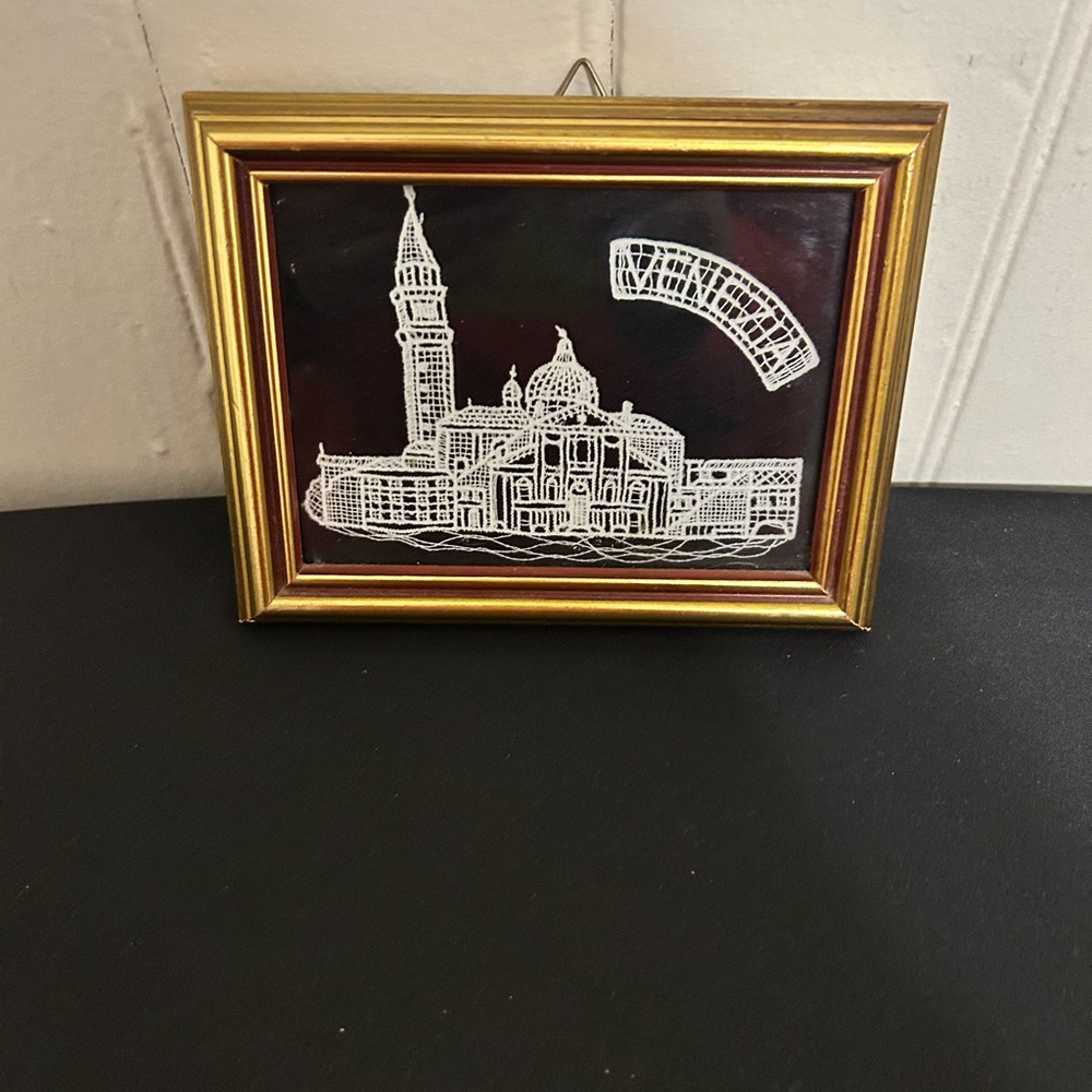 Vintage Small Italian Framed Burano Lace Art On Black Background-5.5” X 4.5”